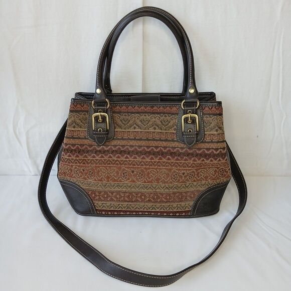 Relic By Fossil Woman’s Purse Brown Carpet Bag Leather Zippered Handles Straps - Picture 1 of 9
